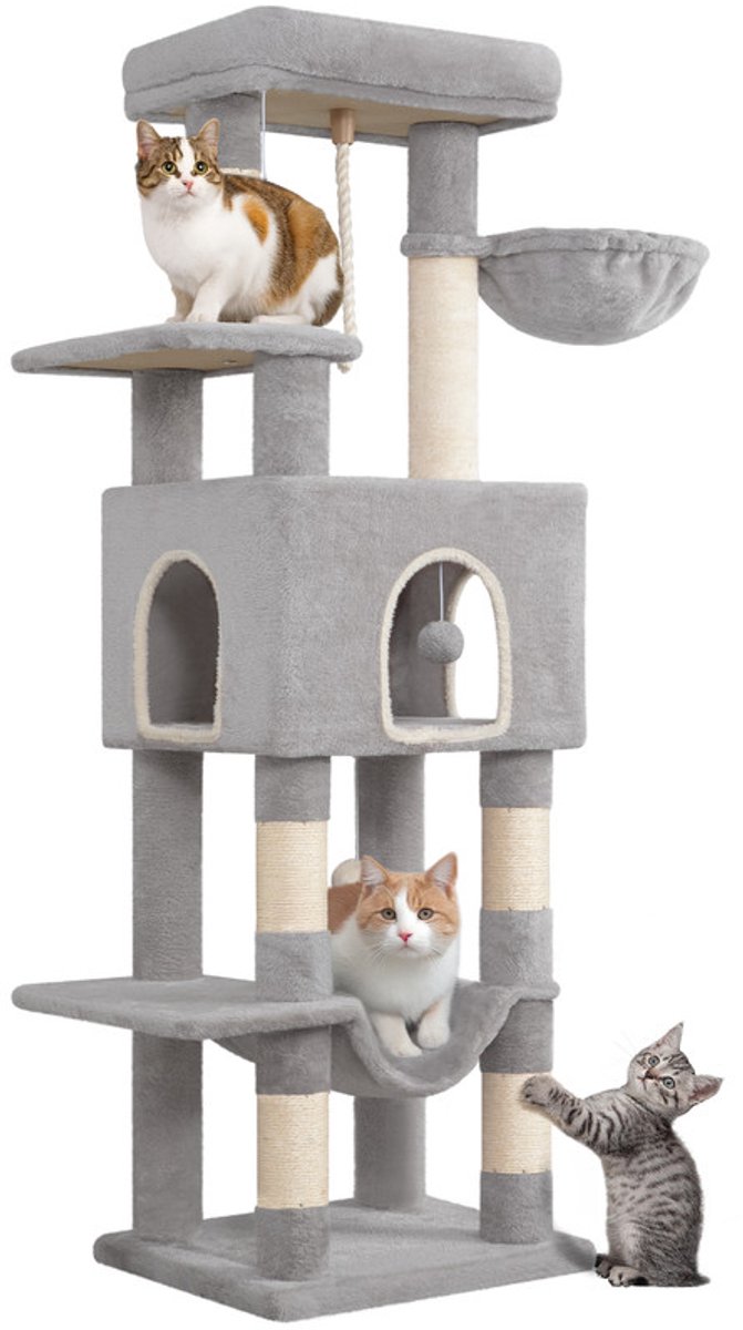Hzuaneri 149 cm krabpaal, kattenboom met grote platforms, krabpaal voor katten met grote schuilplaats voor kleine ruimtes, sisal naturel, Pompons, Lichtgrijs
