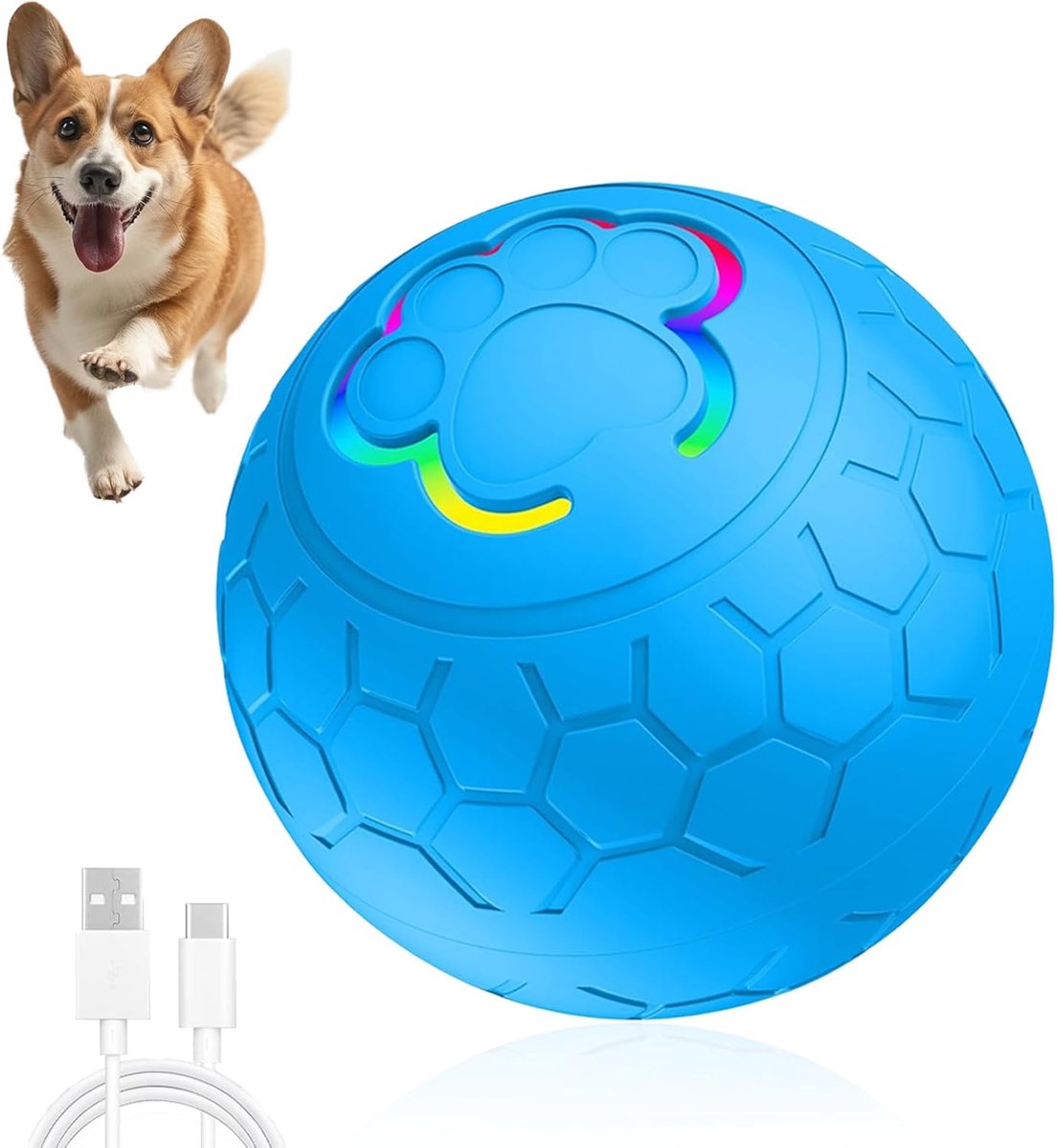 hondenbal | Zelfbewegende hondenbal | Interactief hondenspeelgoed | Twee automatische bewegingsmodi + LED-licht | USB oplaadbaar | Diameter 5,6 cm | Blauw
