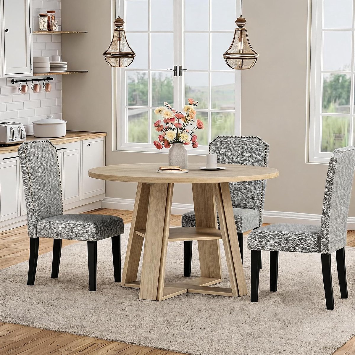 Ronde eettafel van 43,3 inch – Moderne keukentafel – Stevig houten voetstuk – Voor 4-6 personen – Opbergplank – Rond tafelblad – Ruimtebesparend