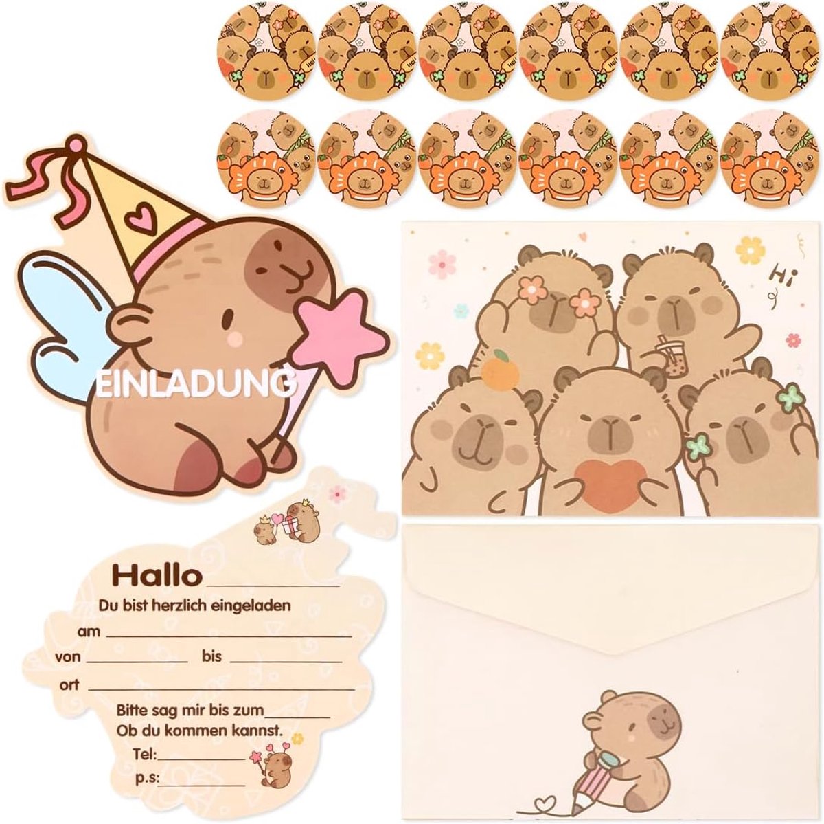 Uitnodigingen Capybara met enveloppen, diermotief, kinderverjaardag, uitnodigingskaart, uitnodiging voor meisjes en jongens, voor verjaardag