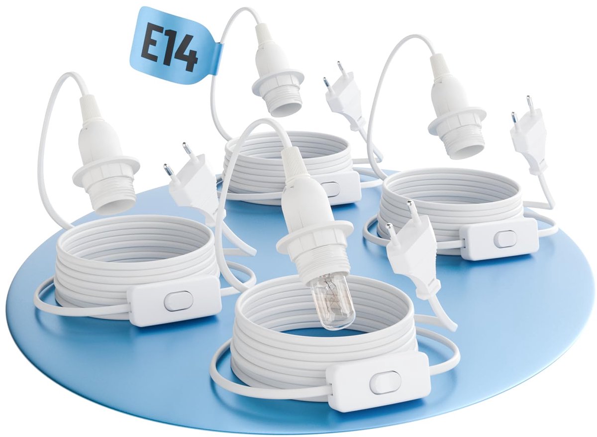 4x E14 lamphouder met kabel en schakelaar - wit, 3,5 meter, max. 60W 250V - met stekker voor kerstster enz