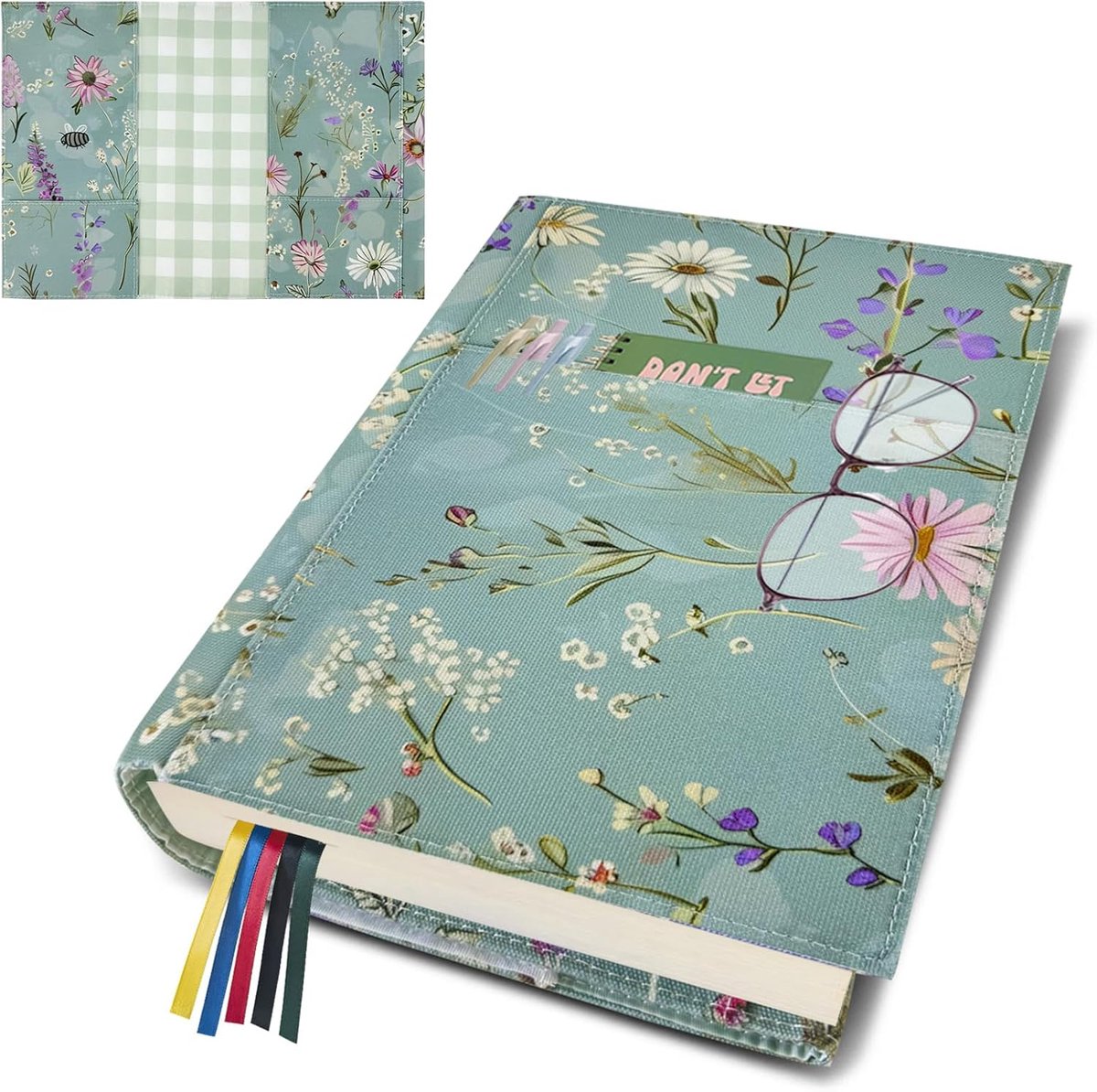 bolimoss Bloemenboekhoes met bladwijzer voor harde kaft, wasbare canvas boekbeschermer met zak, verstelbare herbruikbare boekhoezen voor paperback, geschenken voor vrouwen, boekenliefhebbers (groen, M