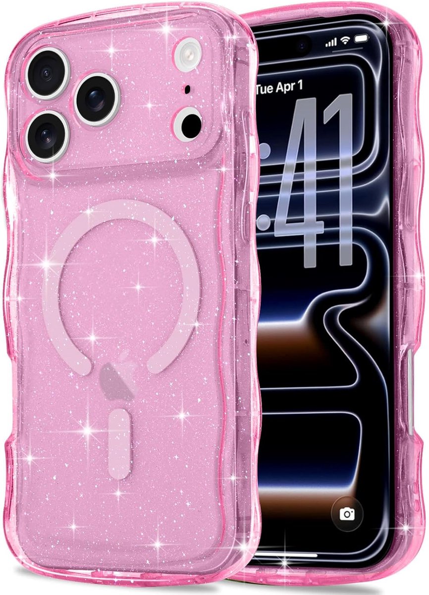 Magnetische beschermhoes voor iPhone 17 Pro Max, compatibel met Magsafe gegolfd frame, transparante glitterbeschermhoes, stootvaste case voor iPhone 17 Pro Max, rood roze