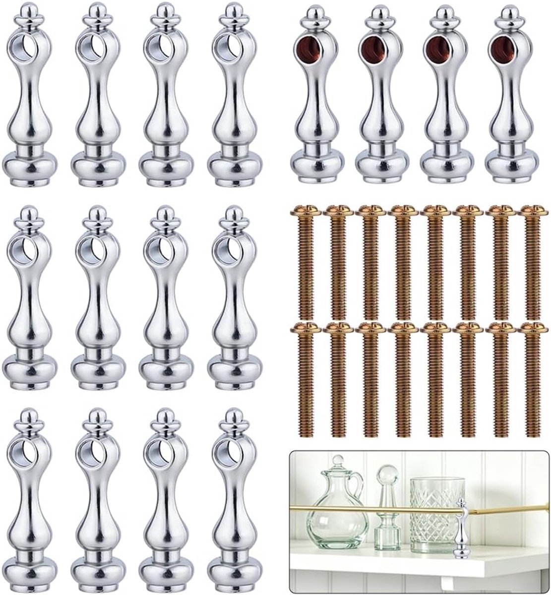 16 sets leuningsteunpalen, zilverkleurig, verbindingsstukken voor planken, meubelverbinders, binnendiameter 6 mm, einddoppen
