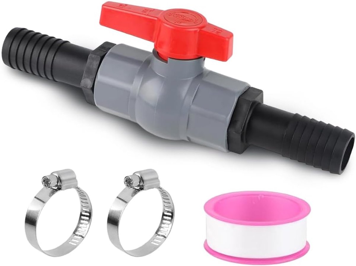 kogelkraan met slangconnector, PVC afsluitkraan incl. 1 afsluitkraan 1 1/2 inch (50 mm), 2 slangtules 32-38 mm, zwembadslang afsluitventiel zwembadslang connector (1 1/4 (40 mm
