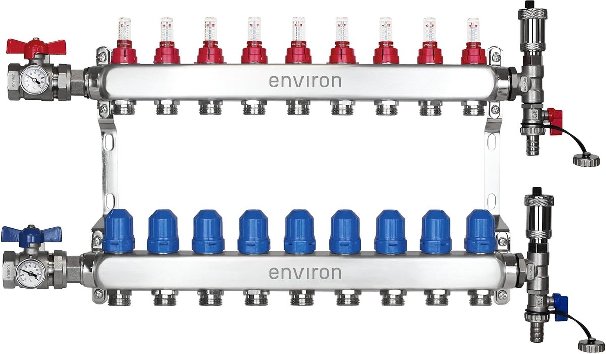 SnelShoppen - Verwarmingscircuits verdeler [2-12 verwarmingscircuits] met kogelkranen en ontluchtingsset | vloerverwarming (9 verwarmingscircuits)