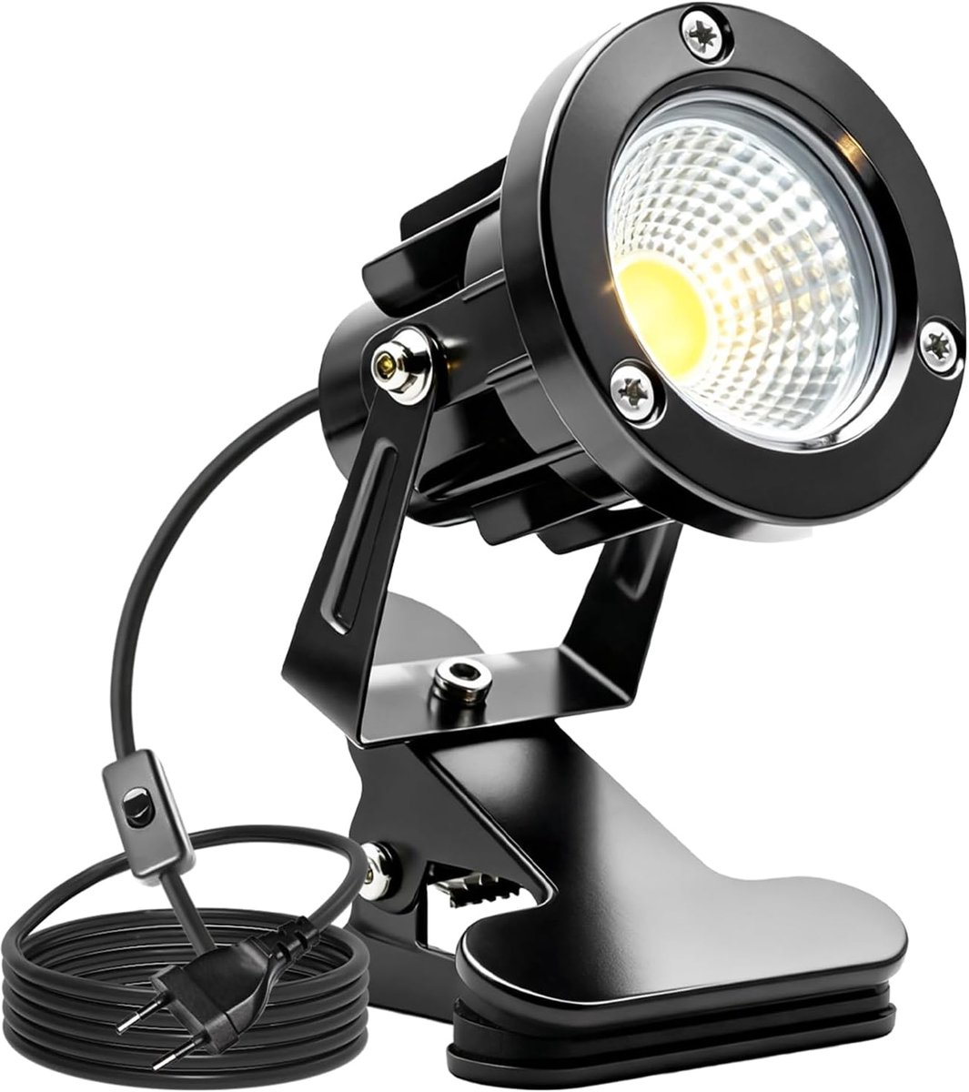 Led-schijnwerper, klemspot met stekker en schakelaar, IP65 waterdichte plantenspot voor binnen en buiten, 10 W led-klemspot met 1,5 m kabelstekker voor buiten, tuin, gazon (warmwit)