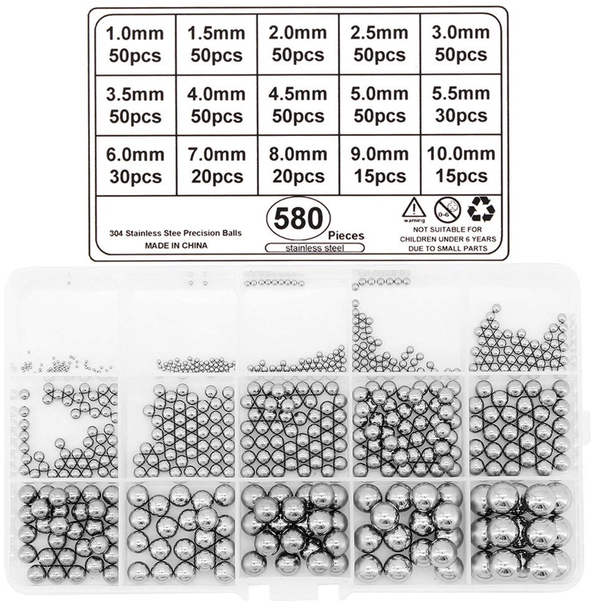 Kogels van staal, 580 stuks kogellagers van roestvrij staal, 1 mm - 10 mm, roestvrij staal, kogellagers