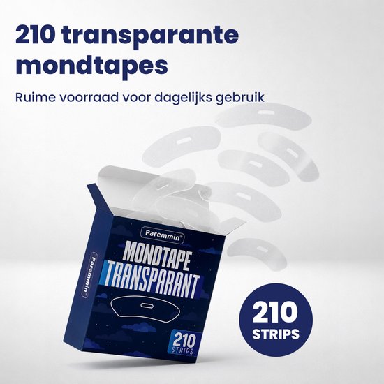 Doos met 210 paremmin mondtape strips en losse transparante strips.