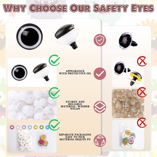 120 stuks 18 mm 3D glitter plastic veiligheidsogen voor amigurumi trapezium knutselwerk, haakwerk popogen met wasmachines, ogen voor opgevulde dieren voor DIY of poppen, beerdier Halloween — afbeelding 2