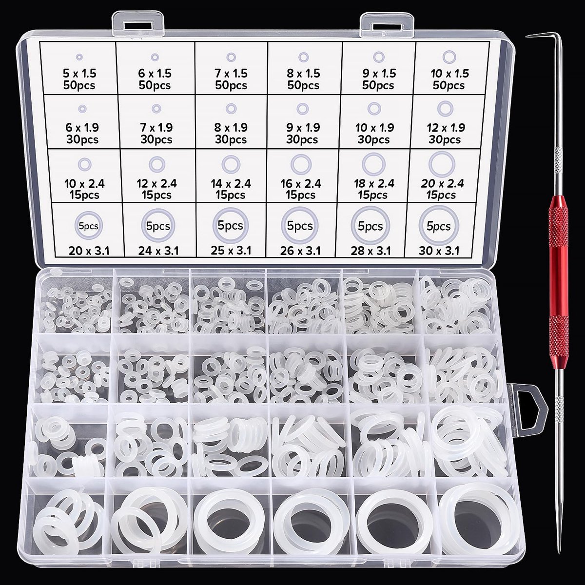 600 Stuks 24 Maten O-Ring Afdichtringen Set, Siliconen O-Ring Assortimentset met Dubbelkoppige Haak en Pick, voor Loodgietersring Afdichting & Auto Snelle Repai, Wit