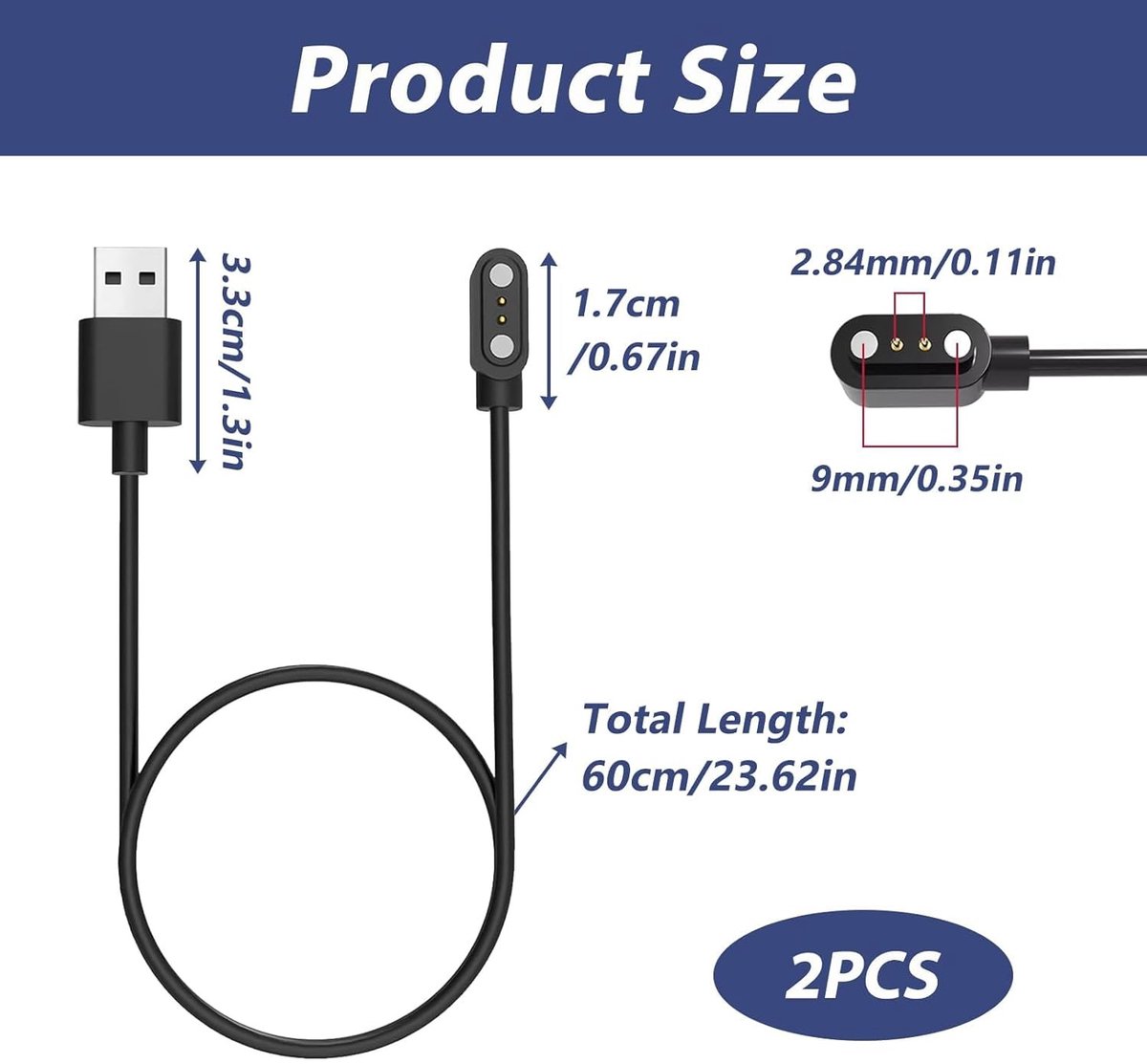 Set van 2 Universele Oplaadkabels voor Smartwatches met Magnetische Aansluiting - Compatibel met 2-Pin 2.85mm Modellen, Duurzaam en Betrouwbaar Opladen