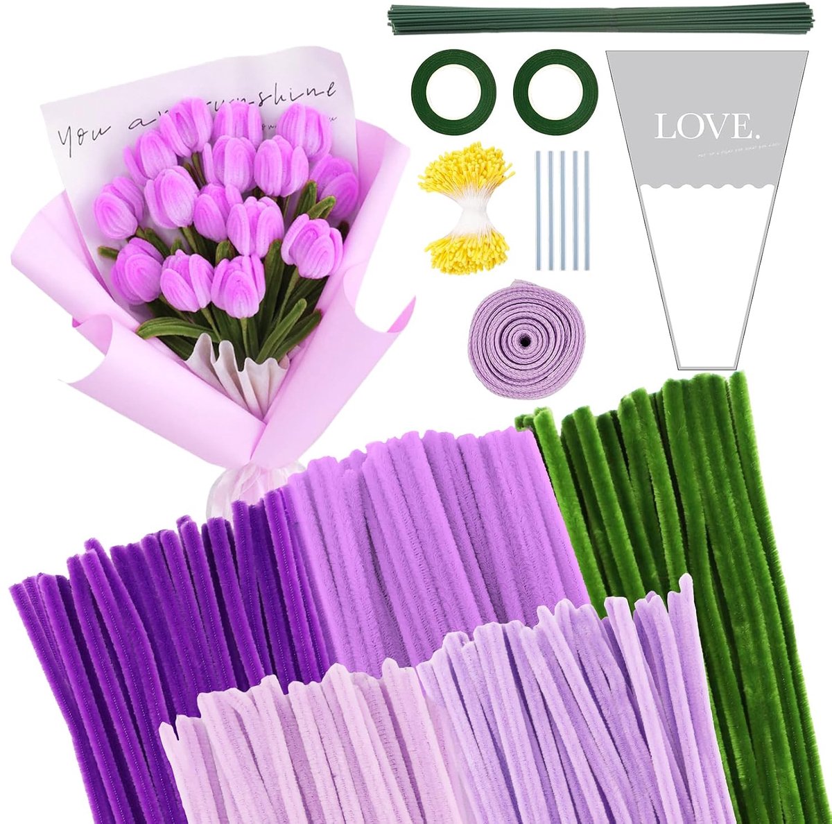 300 stuks schoorsteenveger bloemenset, schoorsteenvegers bloemen voor het maken van ambachten, 5 kleuren, met groene bloemstelen, lijmpitten, lijmpennetjes, bloemblad, bloemstukverpakkingen, linten