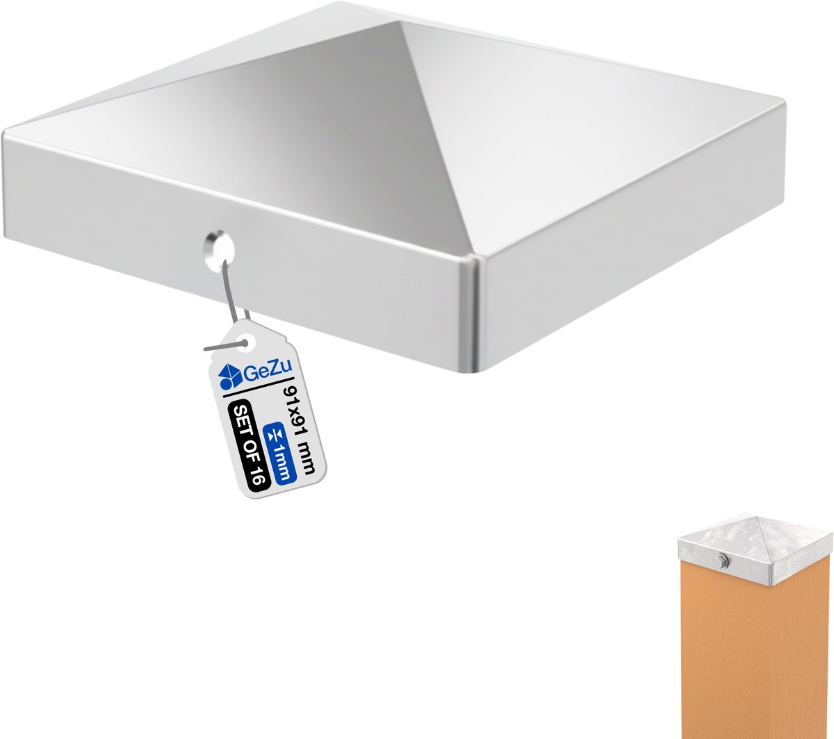 GeZu Impex Paalkappen Thermisch verzinkt Set van 16 91 x 91 mm afdekkap afdek palen kapjes voor schuttingpalen