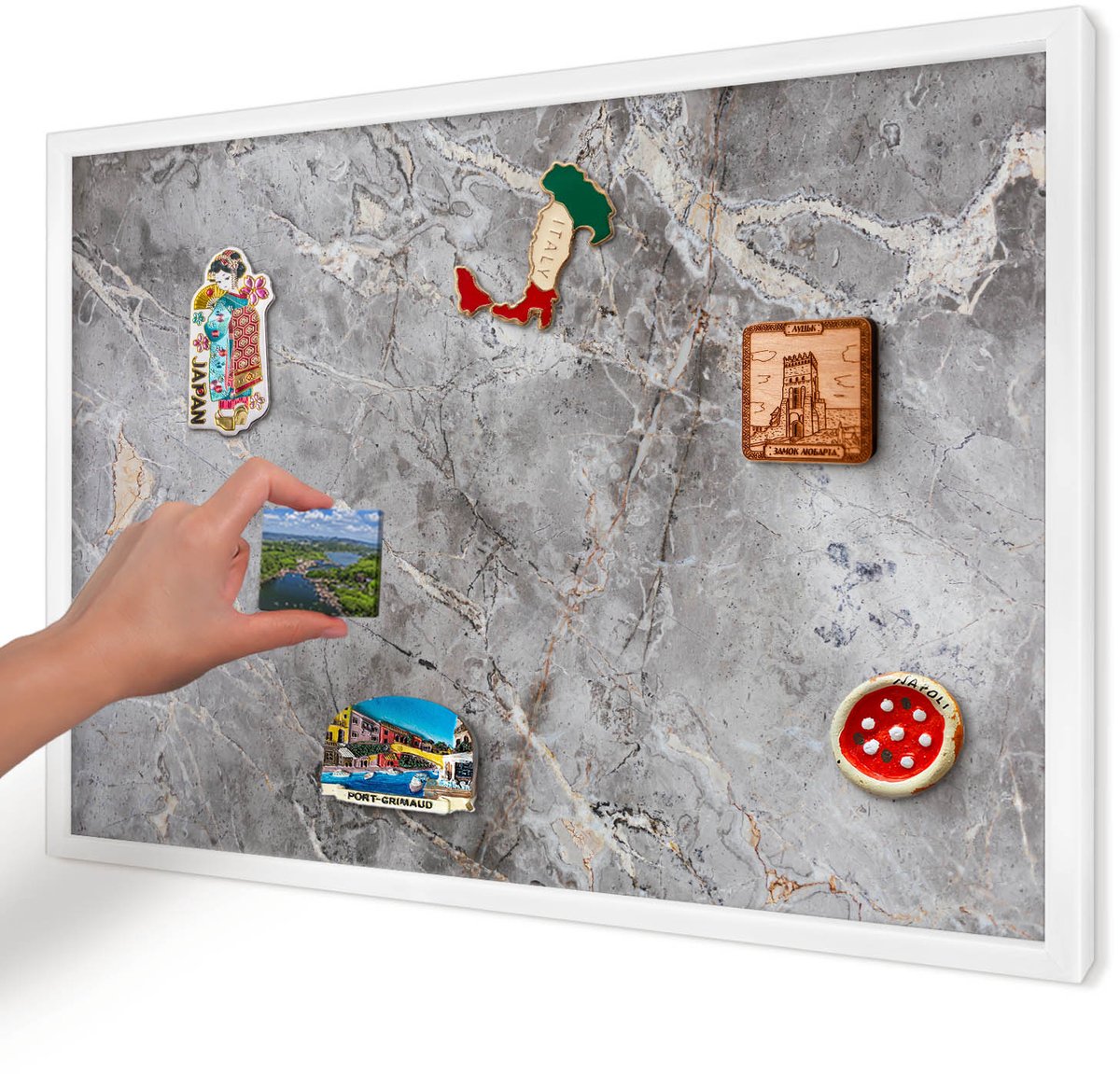 Artprintcave Grijs Magneetbord mit Witte Lijst - 60x40 cm - Marmer Met Patroon Magneetbord Voor Foto's - Klassiek Memobord Keuken - Texturen