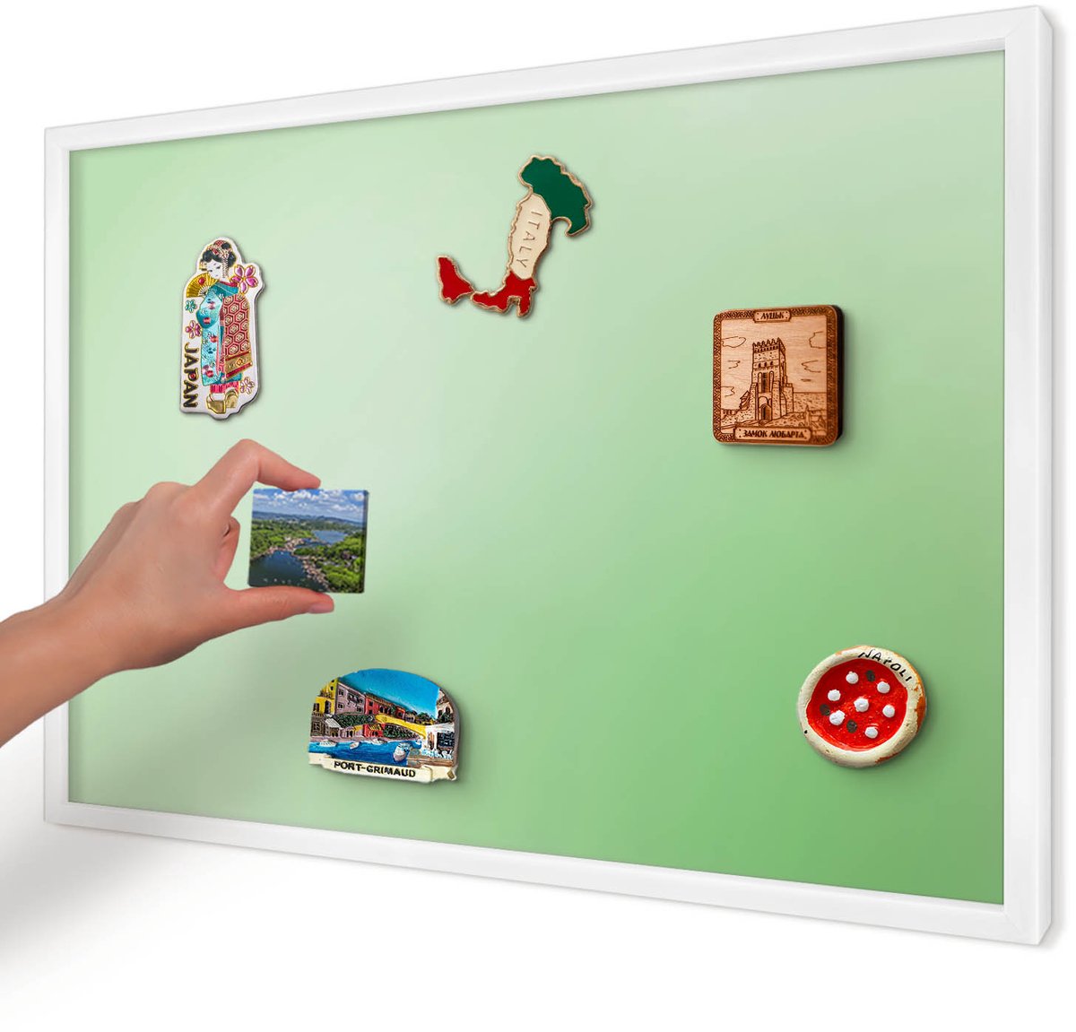 Artprintcave Groente Magneetbord mit Witte Lijst - 60x40 cm - Groene Harmonie Bord Voor Magneten - Minimalist Memobord Keuken - Achtergronden En Patronen