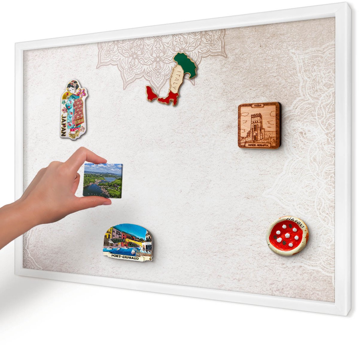 Artprintcave Romig Magneetbord mit Witte Lijst - 60x40 cm - Etnische Patronen Memobord Keuken - Boho Magneet Bord mit Frame - Achtergronden En Patronen