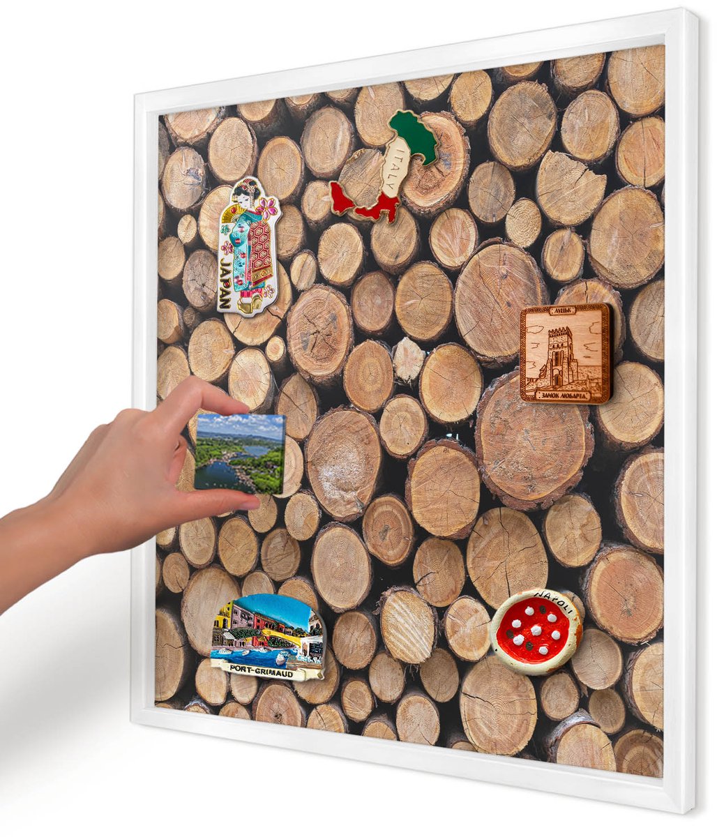 Artprintcave Bruin Magneetbord mit Witte Lijst - 50x50 cm - Houten Cirkels Magneetbord Voor Foto's - Rustiek Magneetbord Voor Keuken - Texturen