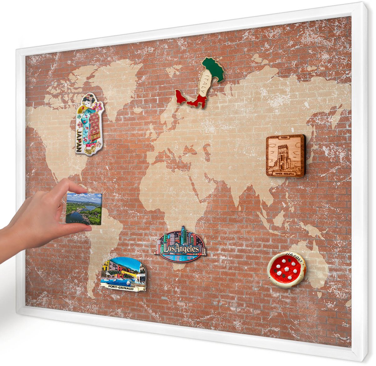 Artprintcave Bruin Magneetbord mit Witte Lijst - 70x50 cm - Bakstenen Plattegrond Notitiebord - Industrieel/Loft Magneetbord Voor Keuken - Kaarten