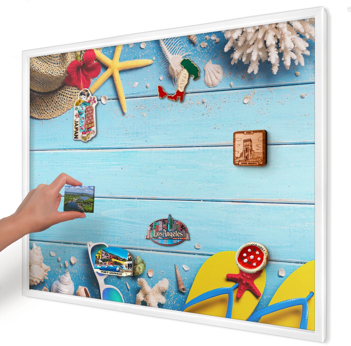 Artprintcave Blauw Magneetbord mit Witte Lijst - 80x60 cm - Vakantiestrand Magnetische Organizer - Minimalist Bord Voor Magneten - Natuur