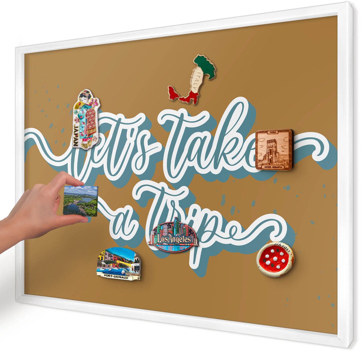 Artprintcave Bruin Magneetbord mit Witte Lijst - 70x50 cm - Droomreis Magneetbord Voor Foto's - Typografisch Notitiebord - Teksten