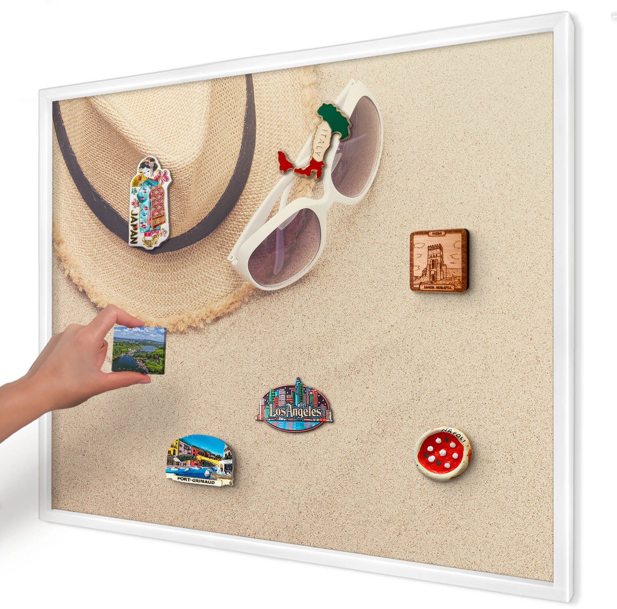 Artprintcave Beige Magneetbord mit Witte Lijst - 80x60 cm - Zomerstrand Wandbord Magnetisch - Fotografisch Magneet Bord mit Frame - Reis