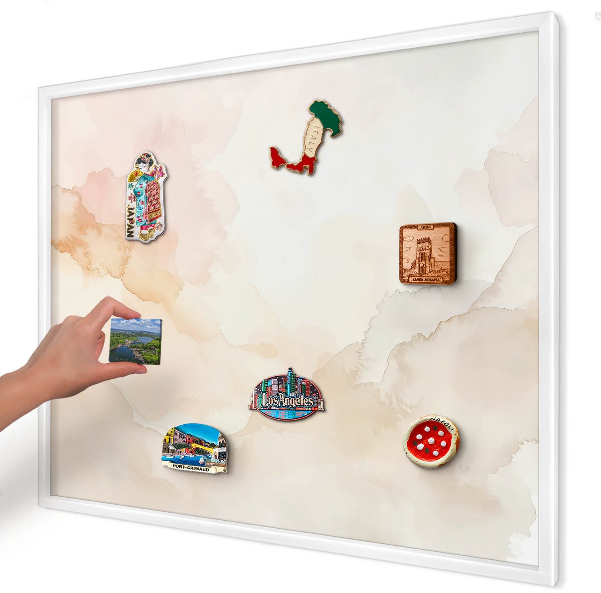 Artprintcave Beige Magneetbord mit Witte Lijst - 80x60 cm - Pastel Vrede Memobord Keuken - Waterverf Magneet Bord mit Frame - Abstractie