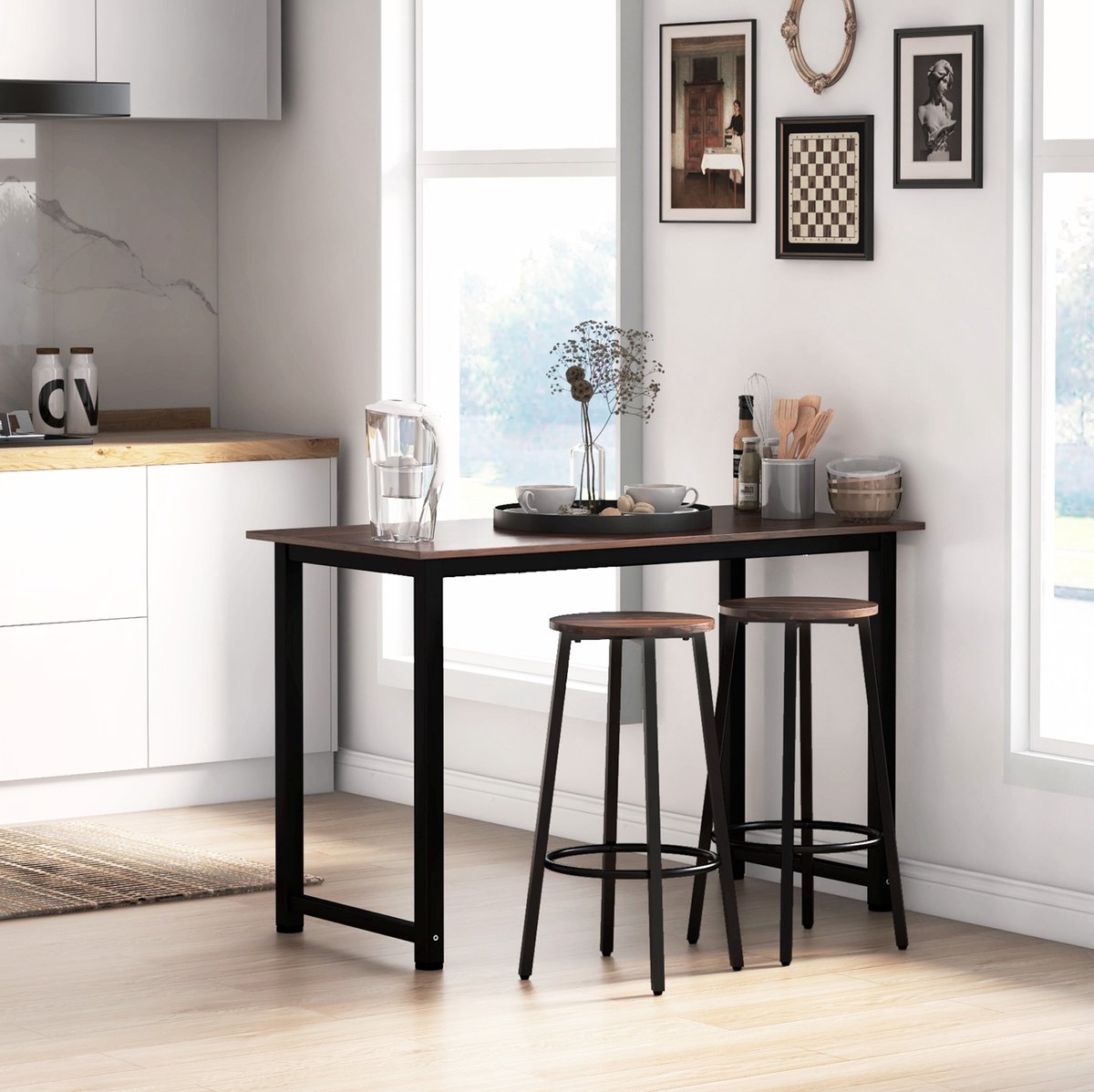 COVREO Barkruk set van 2 42 x 42 x 65 cm, bruin, hout, metalen frame, voetsteun