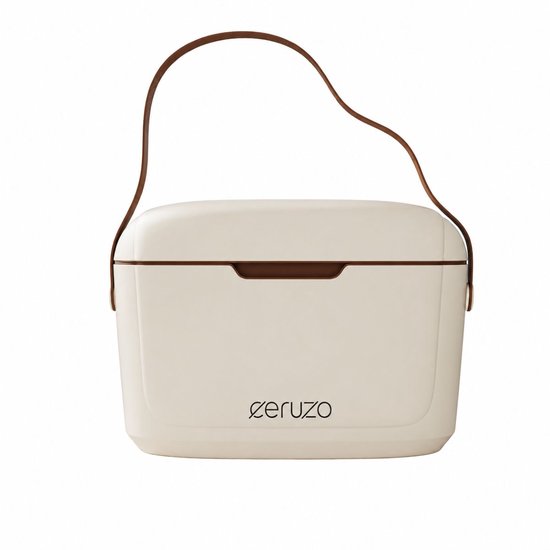 Beige 6L draagbare koelbox met bruine handgreep en details. Geïsoleerd van voren op een witte achtergrond.