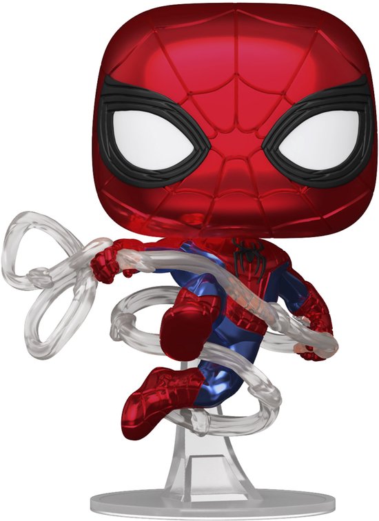 Glanzende Spider-Man Funko Pop figuur, nummer 1590, in een dynamische pose met witte spinnenwebben, op een transparante standaard.
