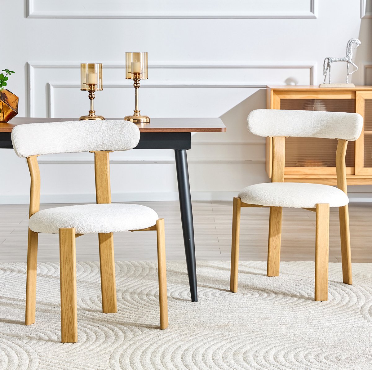 MIVRAY Eetkamerstoel Set Van 2 - Bouclé Met Ergonomische Rugleuning En Zachte Zitting - Voor Eetkamer, Woonkamer En Kaptafel - Hout Wit