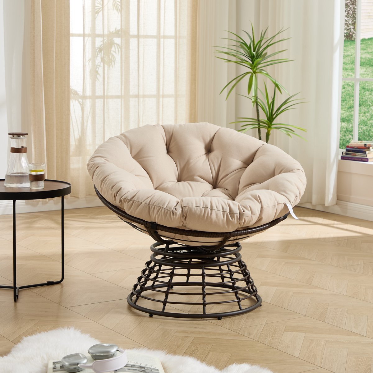 DESMIU Fauteuil 92 x 67 cm - Papasanstoel Met 360 Graden Draaifunctie En Dik Kussen - Voor Woonkamer En Slaapkamer - Rotan Metaal - Beige Bruin