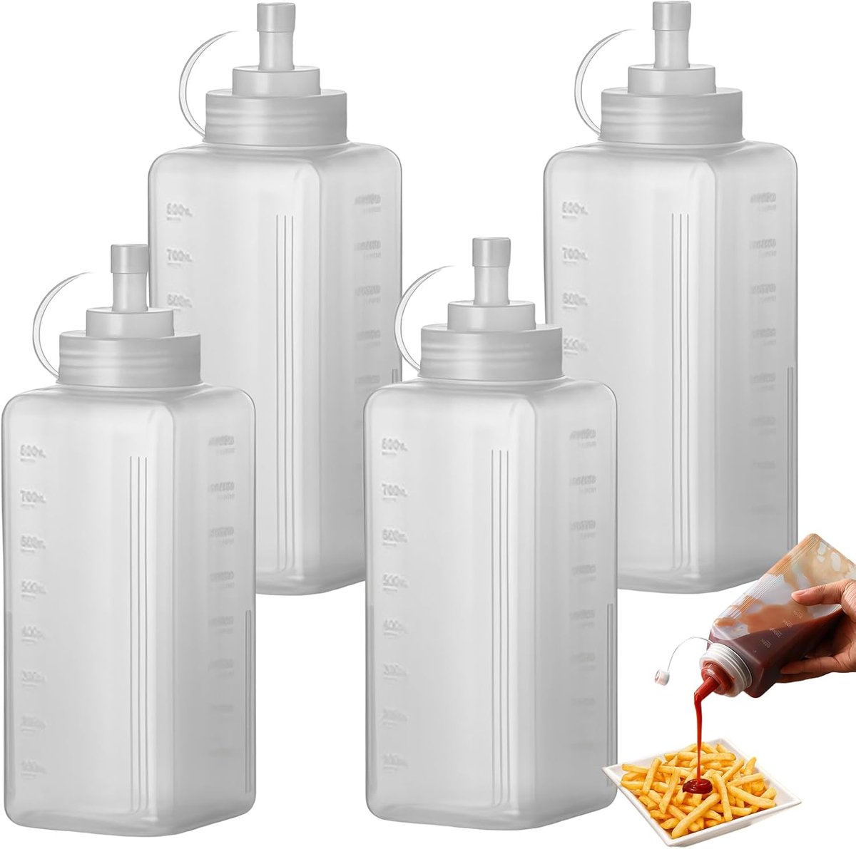 SnelShoppen - 4 Stuks 800ml Plastic Squeeze Fles met Deksel, Transparant, Lekvrije Flessen voor Ketchup, Sauzen, Dressings, Pigment en Knutselen