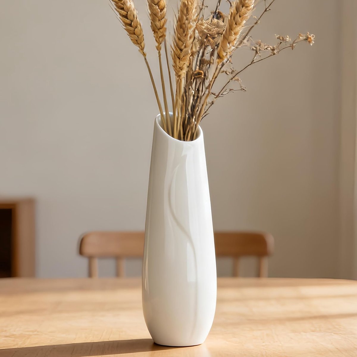 SnelShoppen - 30 cm 12 inch Wit Keramisch Vaasje, Hoog Decoratief Bloemenvaasje voor Pampas Gras, Moderne Gestructureerde Vaas voor Woonkamer Tafel De