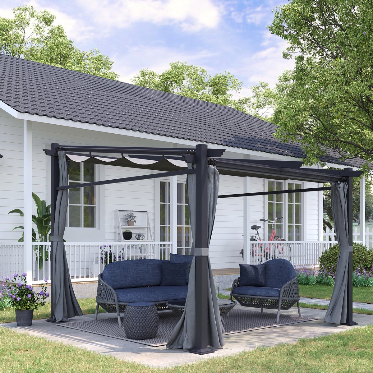 DESMIU Pergola 2,97 x 2,95 M Met Uitrolbaar Zonnescherm En Zijpanelen Staal Polyester Donkergrijs Voor Terras En Tuin