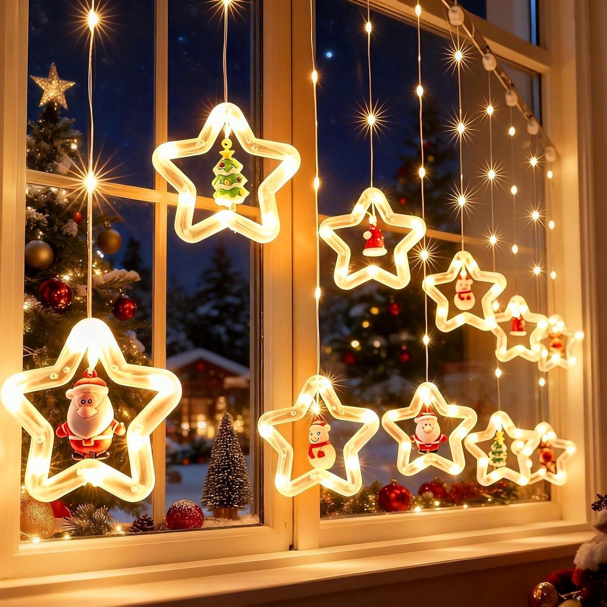 Christmas Window Lights, 100 LED Star Curtain Lights, Curtain String Lights for Indoor with Remote Control, 8 Modes - ShopVlot