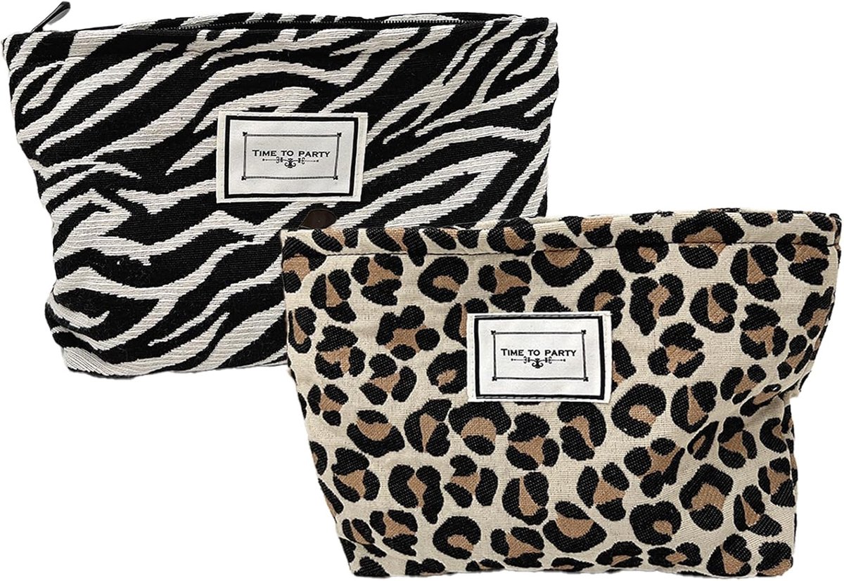 2 Pcs Canvas Cosmetic Leopard Makeup Bag, Makeup Bag, Cosmetic Pouch Wallet, Fashion Zipper Makeup & Toiletries - ShopVlot