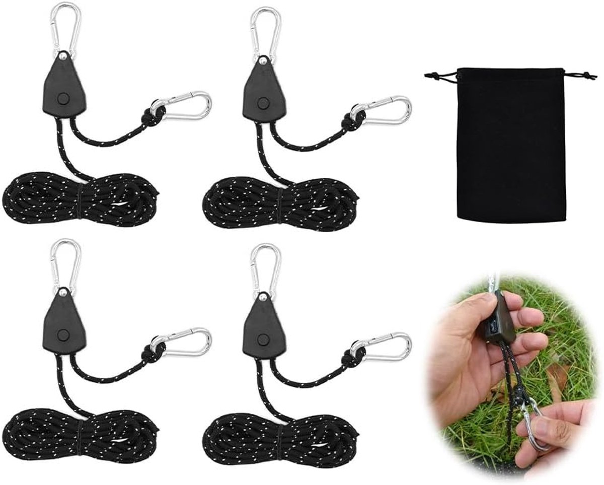 Pack of 4 Guy Ropes with Cable Tensioner, 4m Adjustable Cable Ratchet with Hooks, Tent Cord with Storage Bag, Tent - ShopVlot