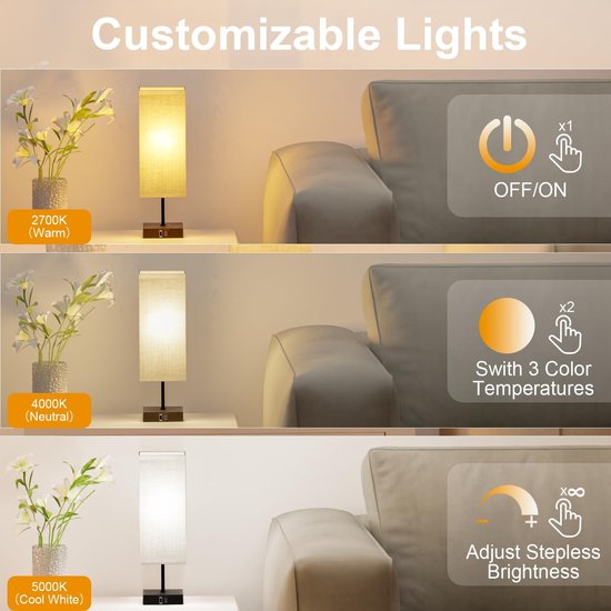 Nachtkastlamp met 3 helderheidsniveaus en USB-aansluitingen - Ideaal voor Slaapkamer en Leeswerk — afbeelding 5
