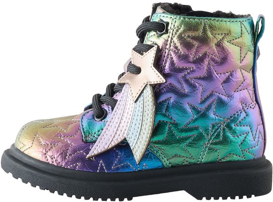 Enkele enkellaars met regenboogkleurige sterrenprint, sterbedel, veters en ritssluiting.