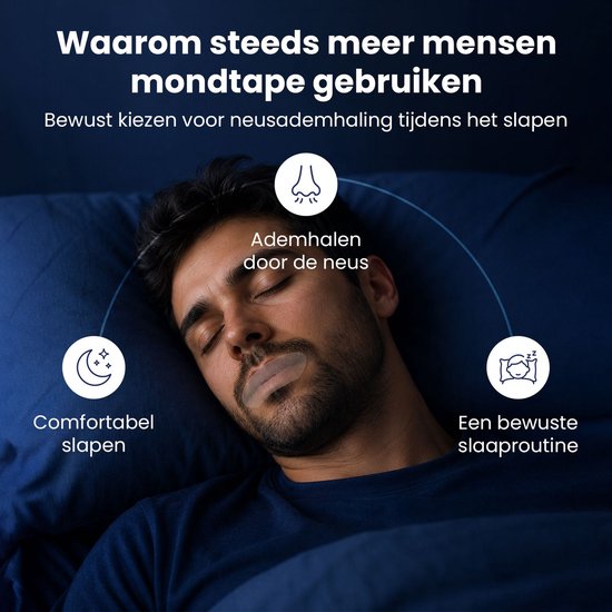 Man slaapt met mondtape. Iconen voor comfortabel slapen, ademen door de neus en bewuste slaaproutine.
