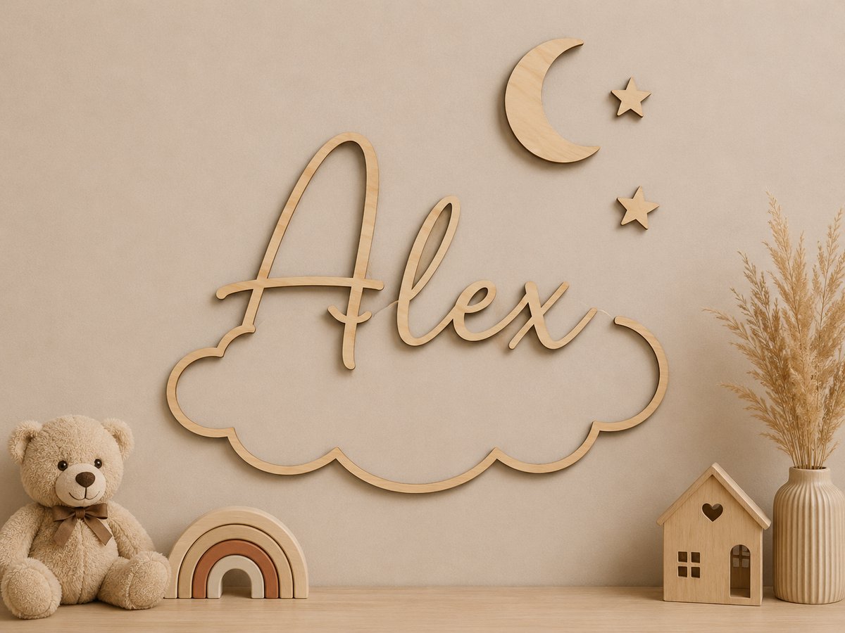 Gepersonaliseerde Houten Naamdecoratie Wolk met Maan & Sterren – 50 x 25 cm – Wanddecoratie Babykamer & Kinderkamer – 5 mm Hout – Uniek Kraamcadeau