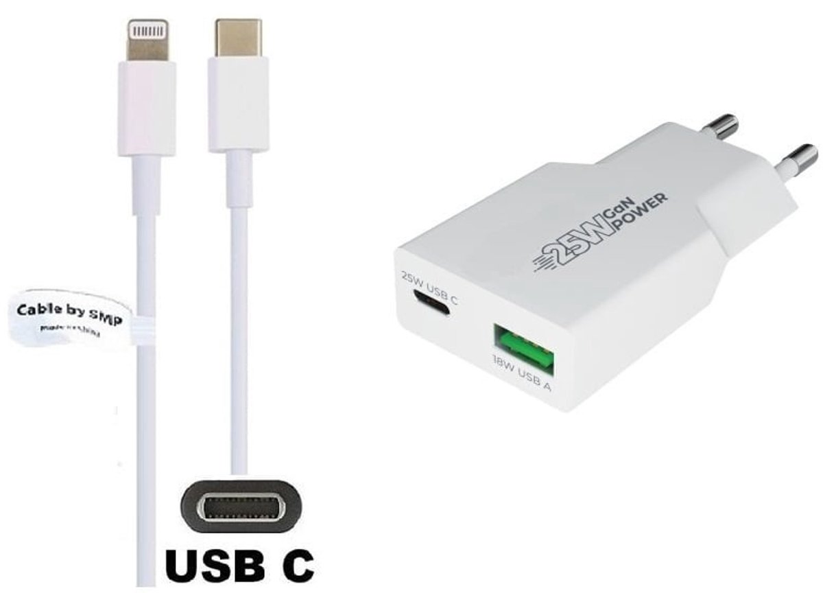 OneOne 25W super snellader met 2 poorten en screenprotector van glas voor iPhone 14 Pro + 0,95m USB C naar Lightning kabel. PD PPS lader. GaN oplader adapter. Glazen screenprotector past op Apple iPhone 14 Pro