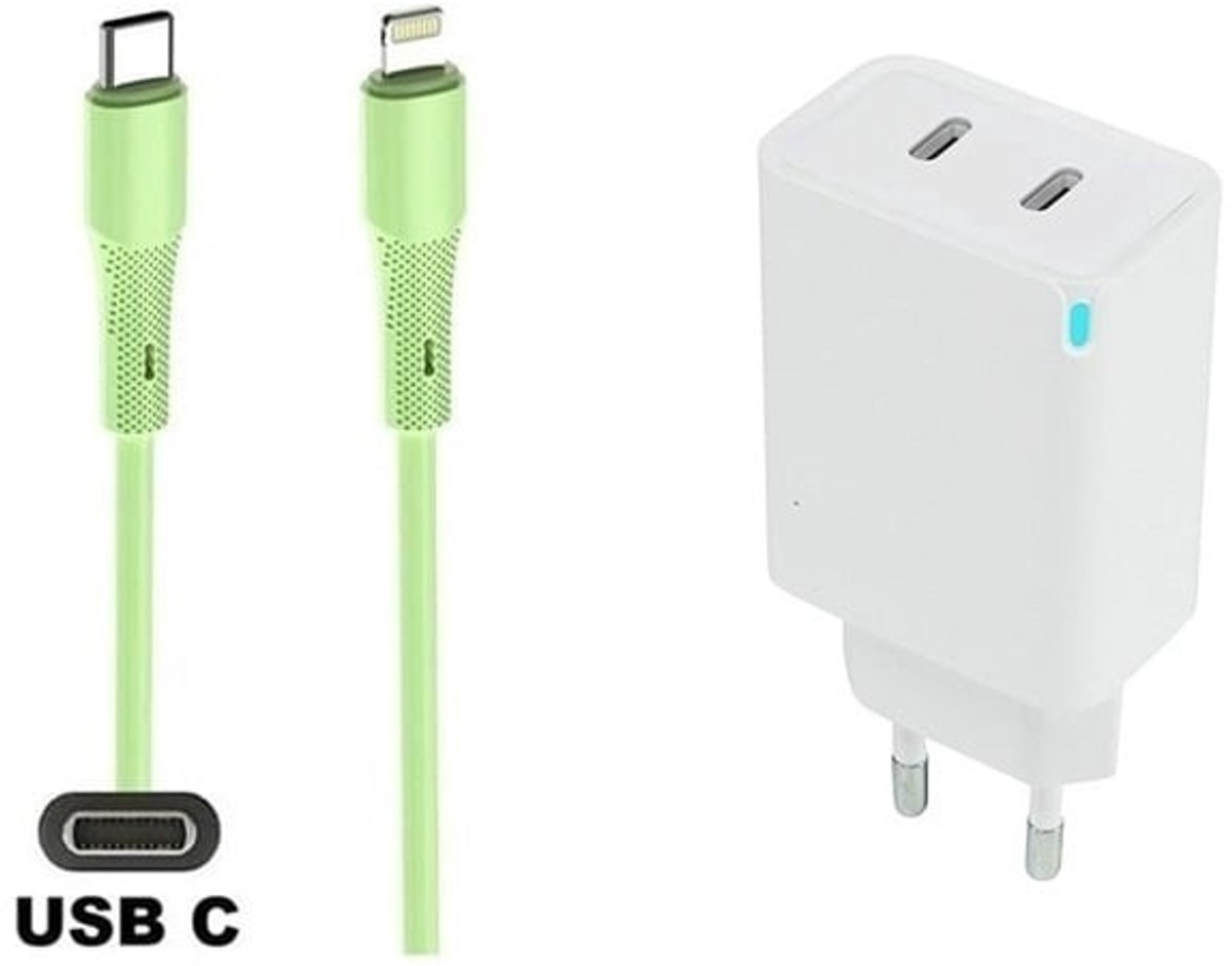 OneOne 45W super snellader met 2 poorten USB C - USB C en screenprotector van glas voor iPhone 12 + 1,0m USB C naar Lightning kabel. PD PPS lader. Universele oplader adapter. Glazen screenprotector past op Apple iPhone 12