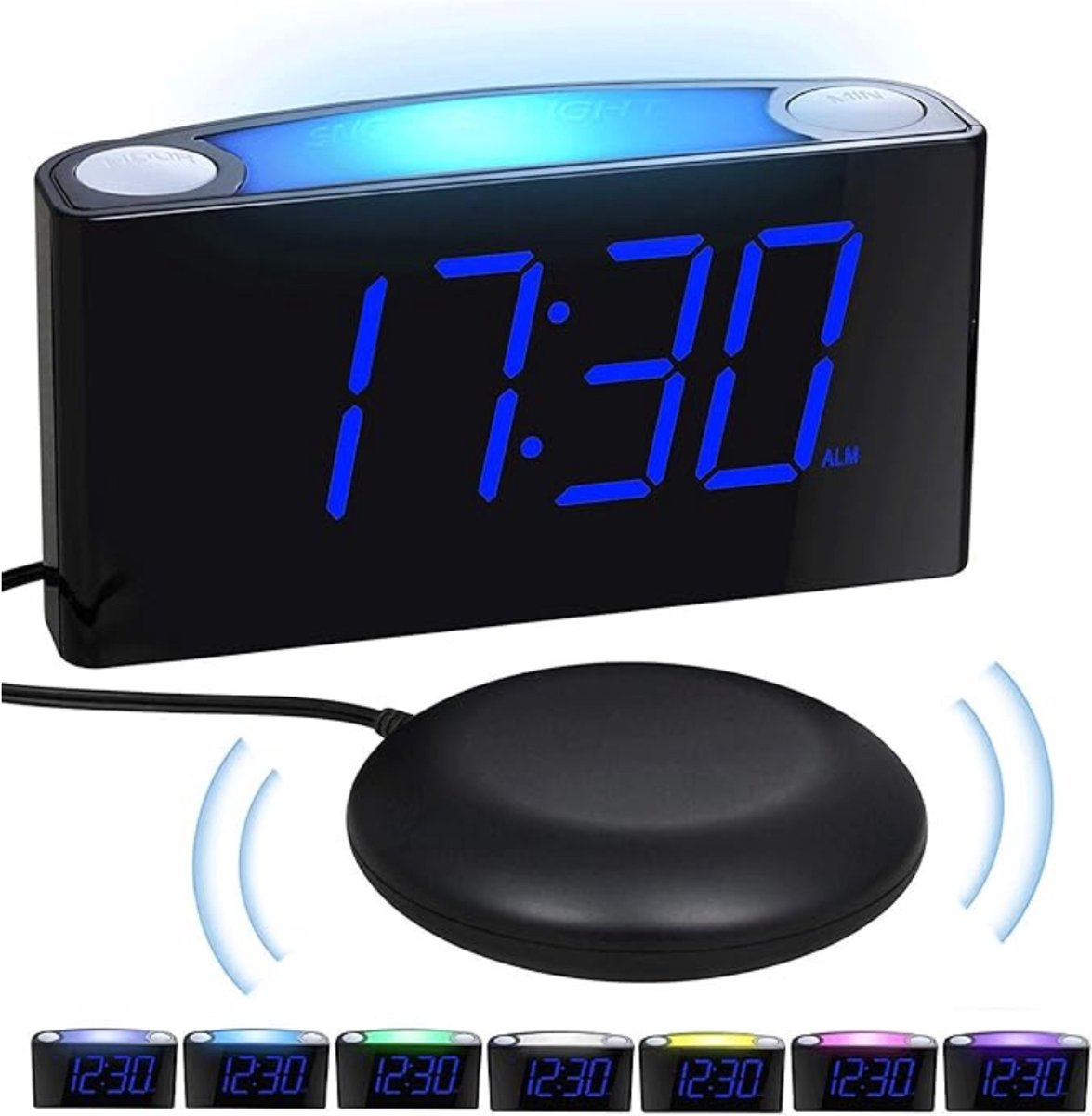 Verte Slaapwekker - Trilwekker - Digitale Wekker voor Slechthorenden met 7-Kleuren-Nachtlampje - Groot LED-Display - Helderheidsregeling van 0-100% - 2 USB-Oplaadpoorten - 12/24-Uursweergave - Blauwe Cijfers