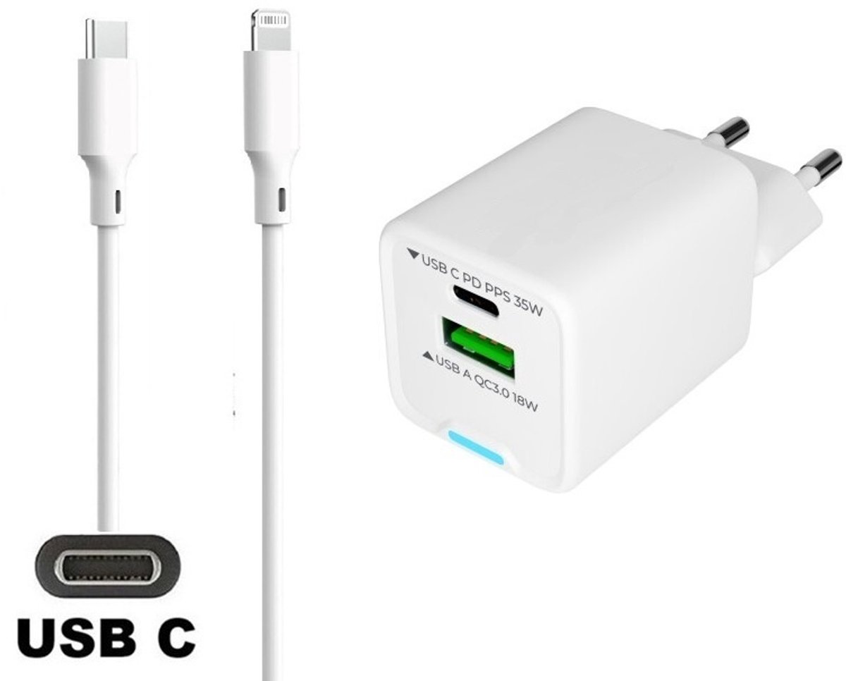 35W super snellader met 2 poorten en screenprotector + 1,5m USB C naar Lightning kabel. PD lader. Universele oplader adapter. Glazen screenprotector past op Apple iPhone 13 Pro Max & iPhone 14 Plus