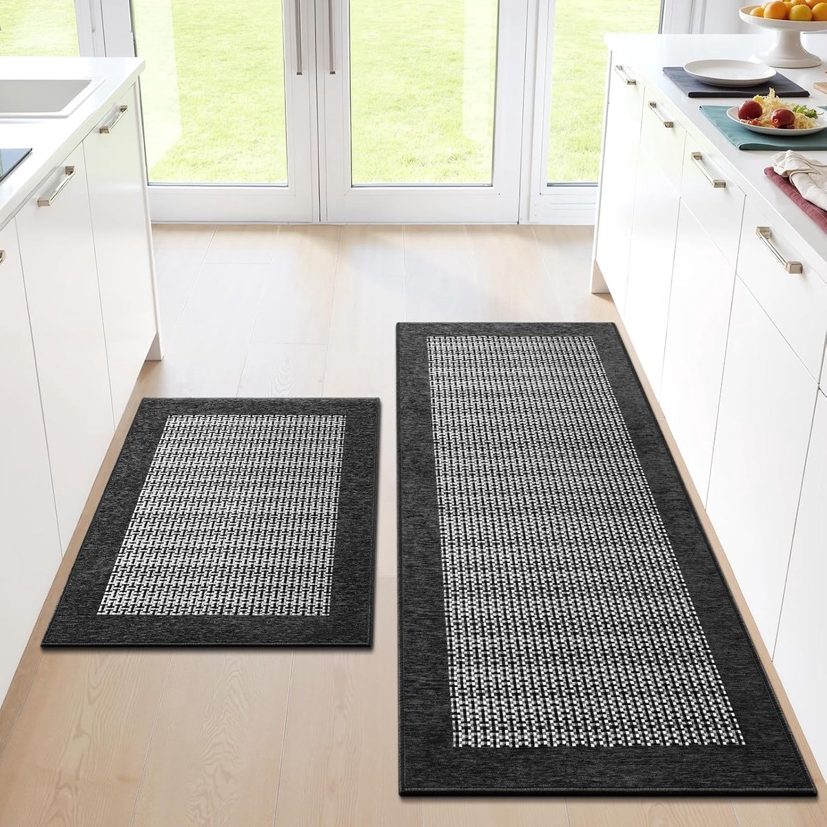 Keukenmat - Antislip Keukenmatten Set - Superabsorberend en Wasbaar - Met Rubberen Onderlaag - Geschikt voor Keukenvloer en Gootsteen - 50x80 cm + 40x120 cm - Zwarte Kleur - 2 Stuks