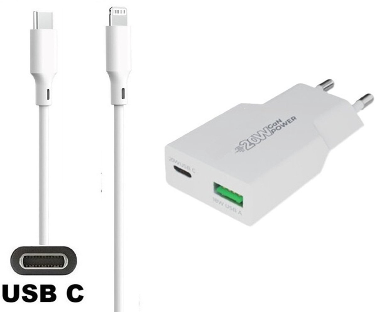 OneOne 20W snellader met 2 poorten en screenprotector van glas voor iPhone 13 Pro Max en iPhone 14 Plus + 1,5m USB C naar Lightning kabel. PD PPS lader. GaN oplader adapter. Glazen screenprotector past op Apple iPhone 13 Pro Max & iPhone 14 Plus