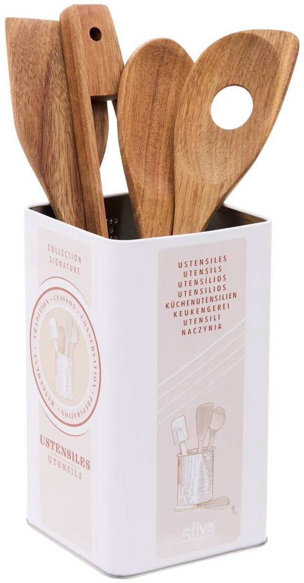 Set van 4 keukengerei van acaciahout met pot