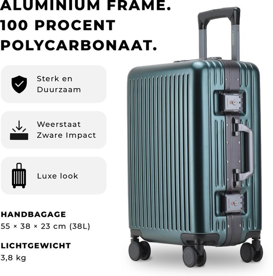 Donkergroene DAKOZO handbagage koffer van aluminium en polycarbonaat, 38L, 3,8kg.